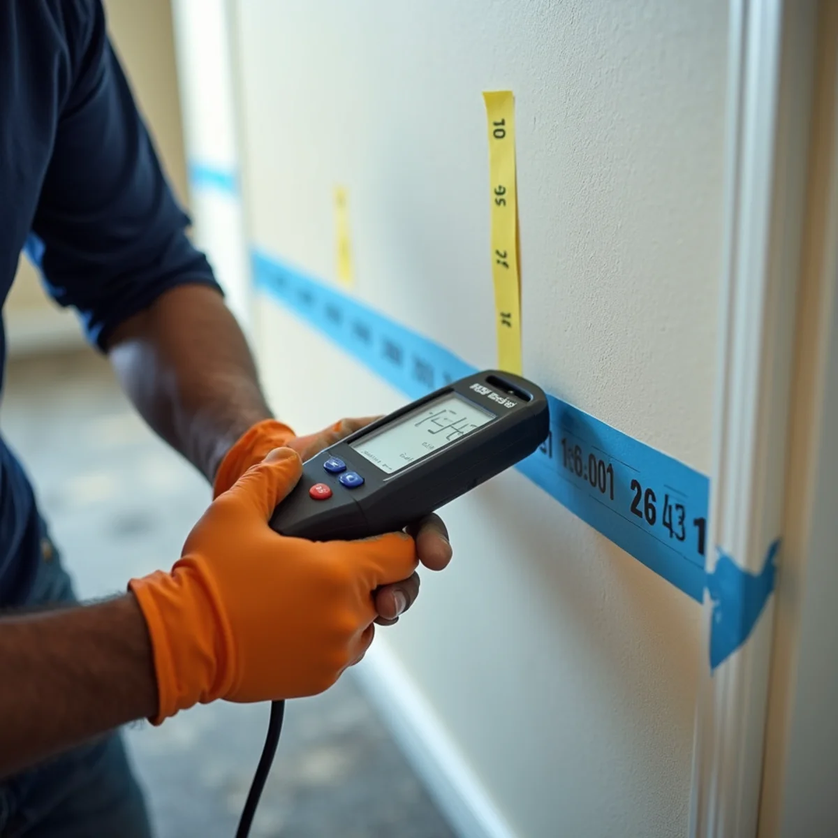 Technician moisture-mapping a wall with a penetrating meter during a Rancho Cucamonga water damage restoration