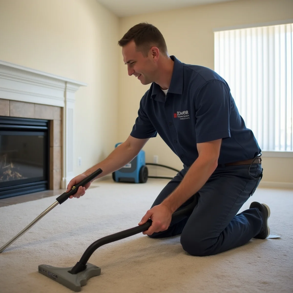 Water damage restoration technician extracting water from a flooded Rancho Cucamonga living room