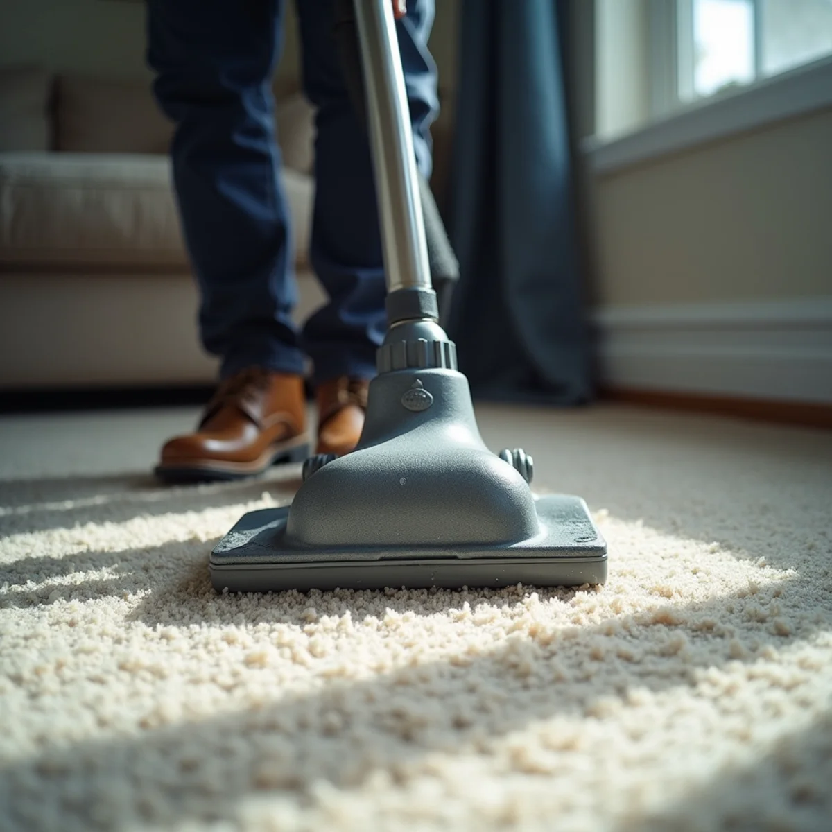 Weighted sub-surface extraction tool pulling water through carpet and pad in a Rancho Cucamonga home