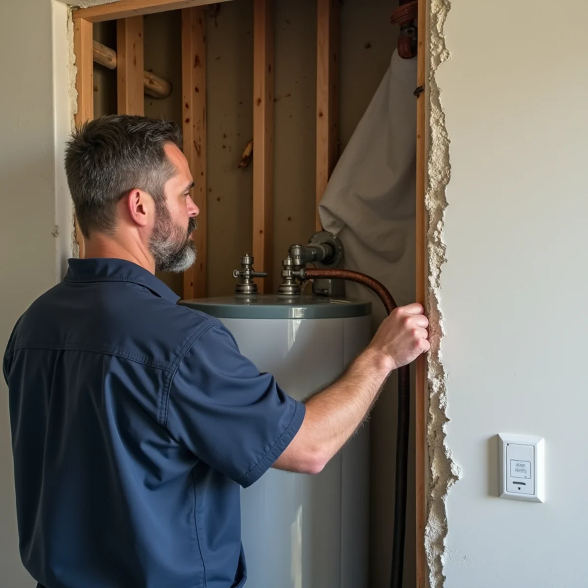 Wet drywall removed from behind a failed garage water heater in a Rancho Cucamonga home