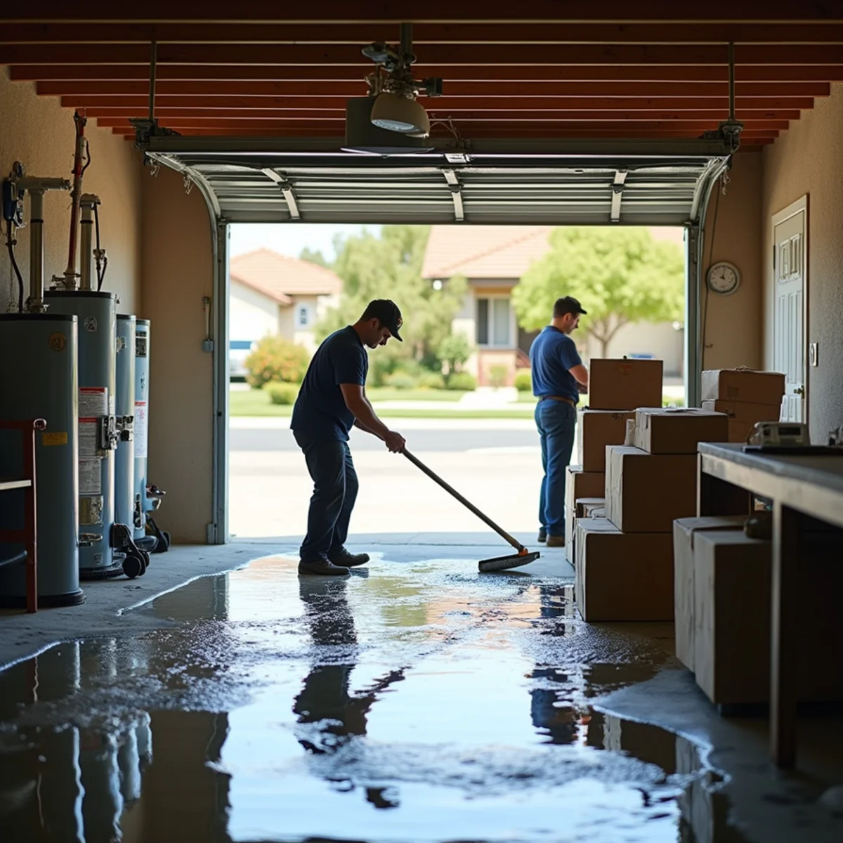 Flooded Rancho Cucamonga garage being extracted after a water heater tank failure